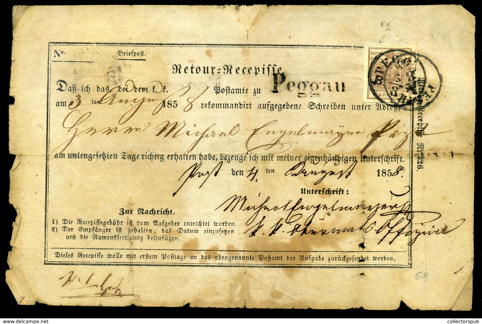 96289 AUSZTRIA  1858. Megviselt Recepisse 6Kr-ral Peggau > Pesth - Gebraucht