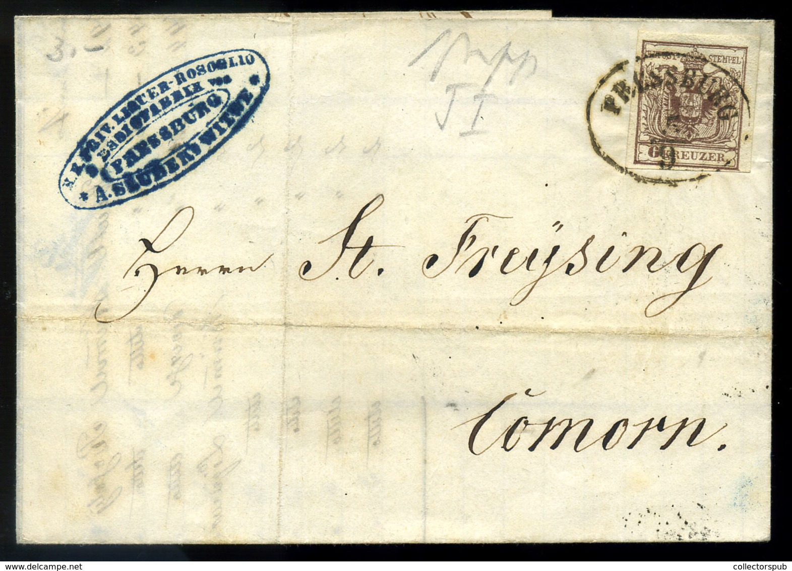 96342 PRESSBURG/POZSONY 1853. Szép 6kr-os Számla Levél Komáromba Küldve - Used Stamps