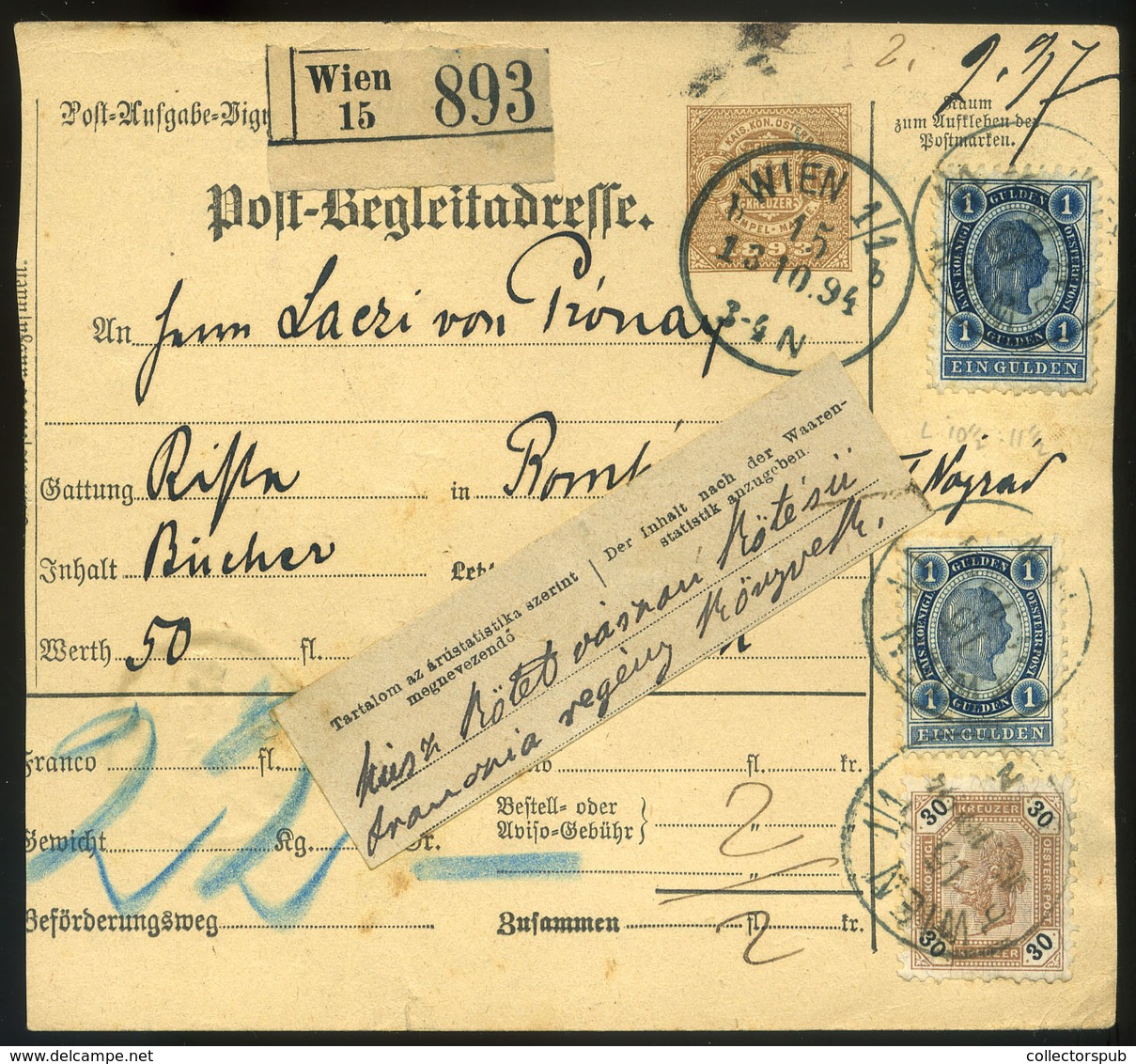 98105 AUSZTRIA 1894. Csomagszállító ötbélyeges, Magas Bérmentesítéssel Romhányba , Nógrád Vármegyébe , A Prónay Kastélyb - Covers & Documents