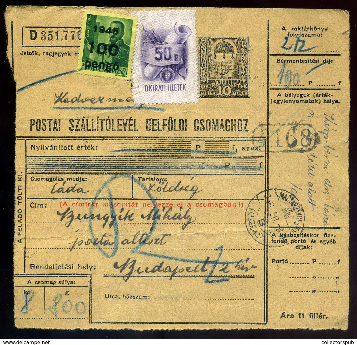 61555 MAGYARBÁNHEGYES   1946. Inflációs  Csomagszállító Budapestre , Postaszemélyzeti Kedvezménnyel - Covers & Documents