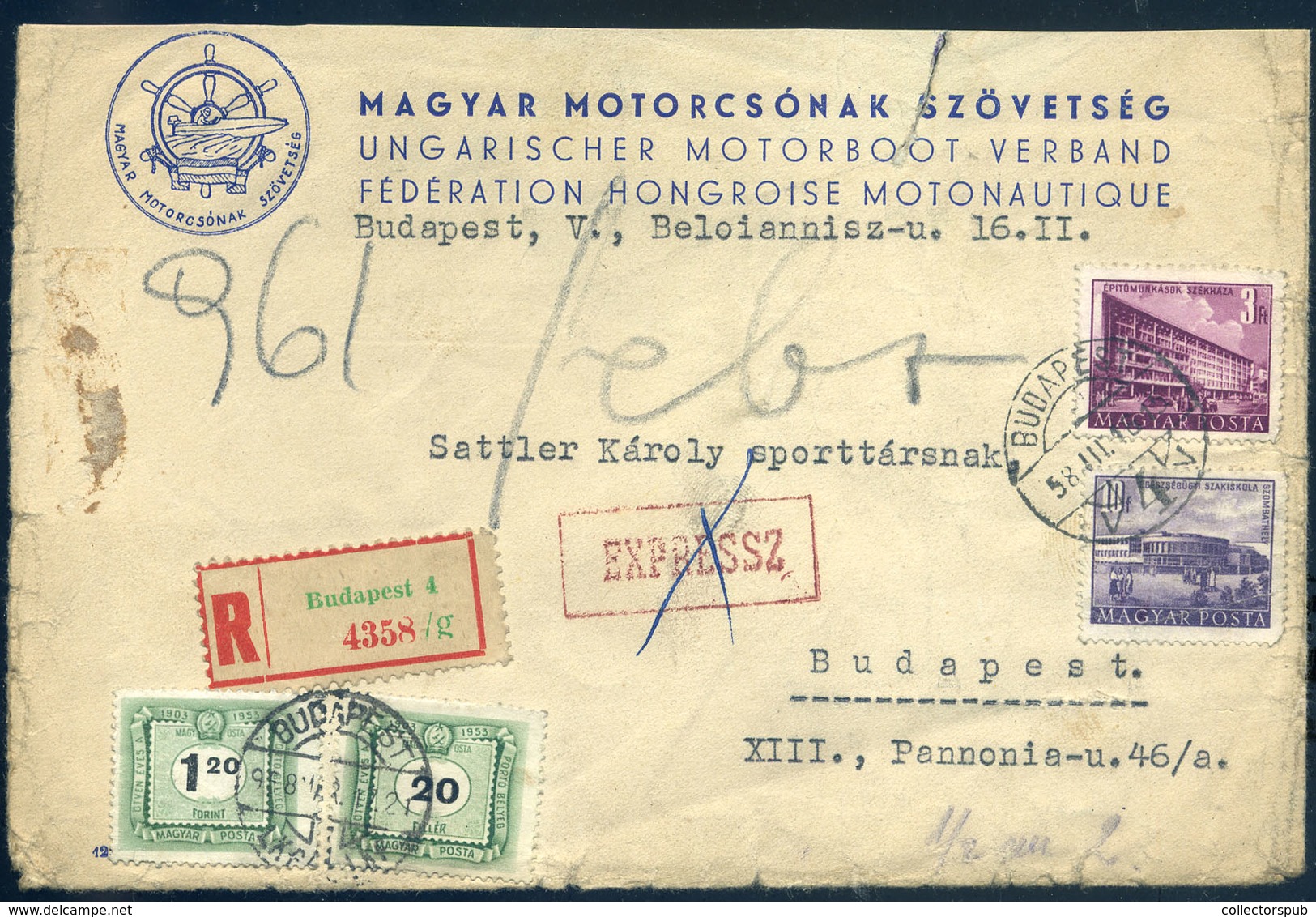 98151 BUDAPEST 1958. Magyar Motorcsónak Szövetség, Helyi Levél Portózva - Covers & Documents