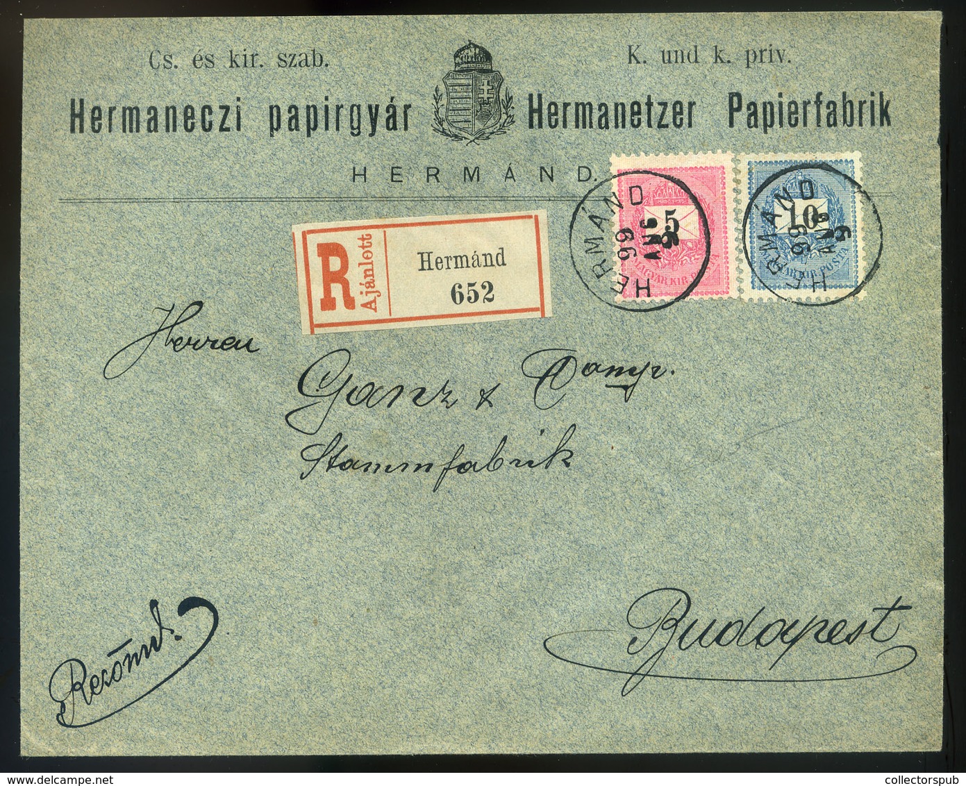 97185 HERMÁND 1899. Ajánlott Levél , Hermaneczi Papírgyár Budapestre Küldve  /  HERMÁND 1899 Reg. Letter, Hermaneczi Pap - Oblitérés