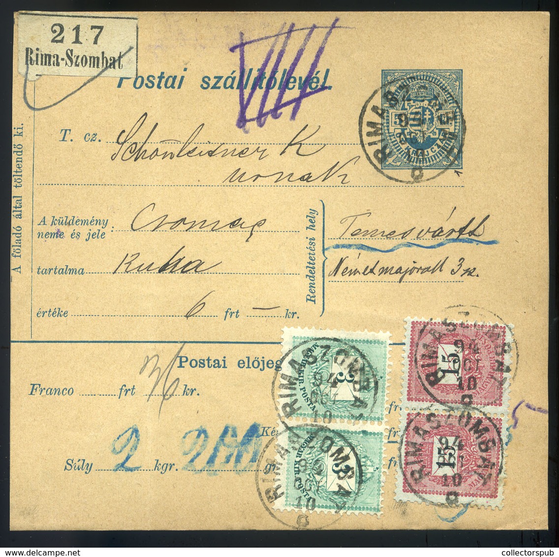 97164 RIMASZOMBAT 1894. Szép Krajcáros Csomagszállító Temesvárra Küldve  /  RIMASZOMBAT 1894 Nice Kr Parcel P.card To Te - Oblitérés