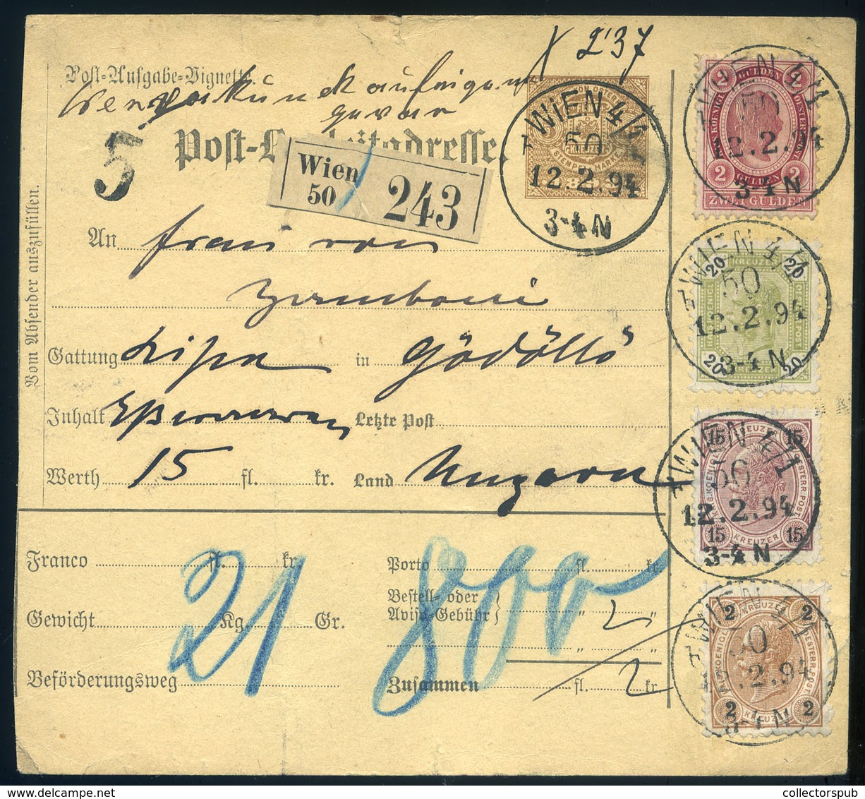 98099 AUSZTRIA Wien 1894. Dekoratív Négyszínű Csomagszállító Gödöllőre A Kastélyba Küldve , 21,8 Kg-os Csomag! - Covers & Documents