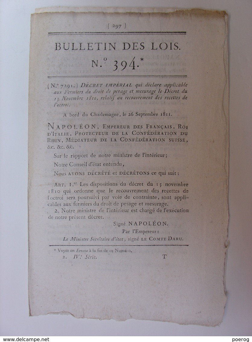 BULLETIN DES LOIS De 1811 - HOLLANDE MARINE - FERMIERS - BREME - SAINT SANTIN AVEYRON - NOIRMOUTIERS MANUFACTURE SOUDE - Wetten & Decreten