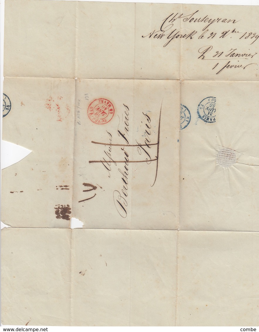 LETTER. 30 JANV 1840. NEW-YORK TO PARIS. RED ENTRY OUTRE-MER LE HAVRE - …-1845 Prephilately