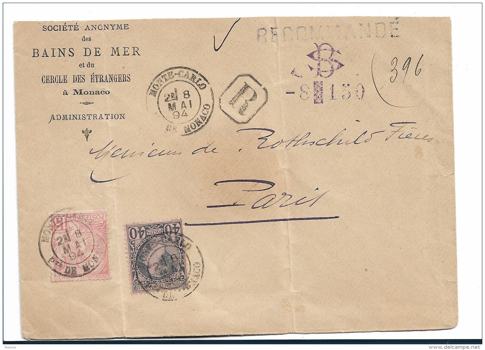 PM014 / Monaco, Fürst Charles, 40 C. (1885) + Fürst Albert 15 C. (1891) Auf Einschreiben  Nach Paris - Briefe U. Dokumente