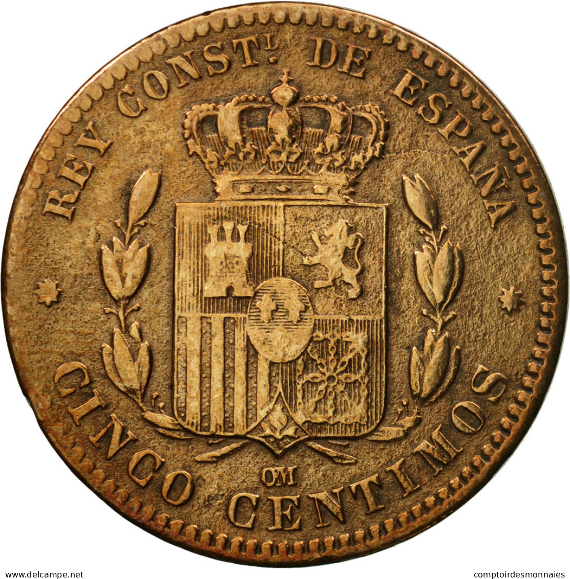 Monnaie, Espagne, Alfonso XII, 5 Centimos, 1879, Madrid, TTB+, Bronze, KM:674 - First Minting