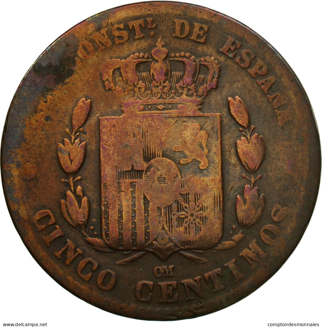 Monnaie, Espagne, Alfonso XII, 5 Centimos, 1877, Madrid, TB, Bronze, KM:674 - Erstausgaben