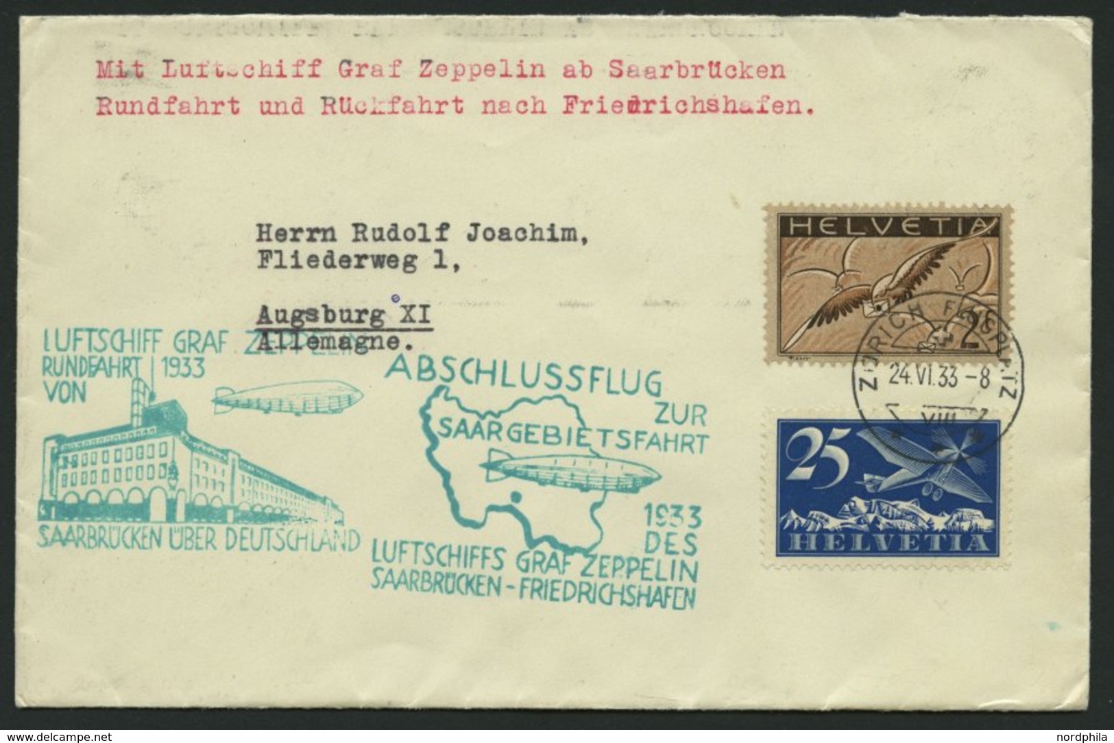 ZULEITUNGSPOST 218C BRIEF, Schweiz: 1933, Saargebietsfahrt, Rundfahrt, Beide Stempel Auf Prachtbrief - Zeppelins