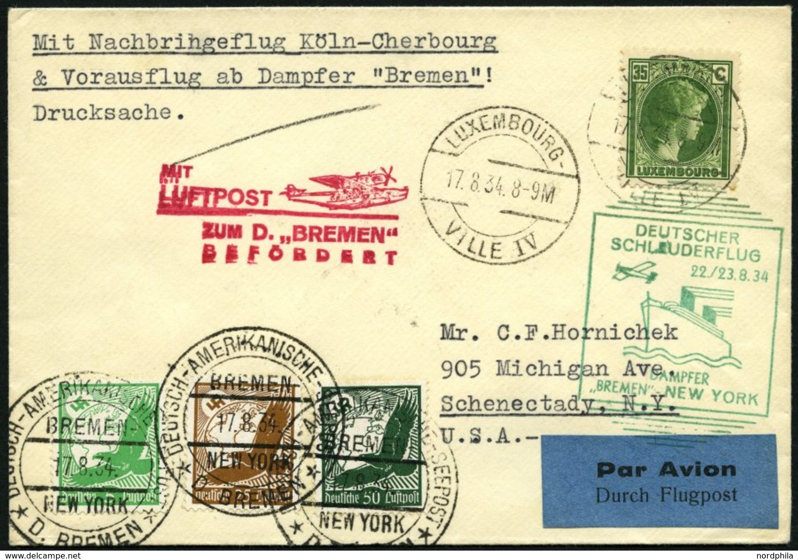 KATAPULTPOST 173Lu BRIEF, Luxemburg: 22.8.1934, Bremen - New York, Nachbringeflug, Zweiländerfrankatur, Prachtbrief, RR! - Storia Postale