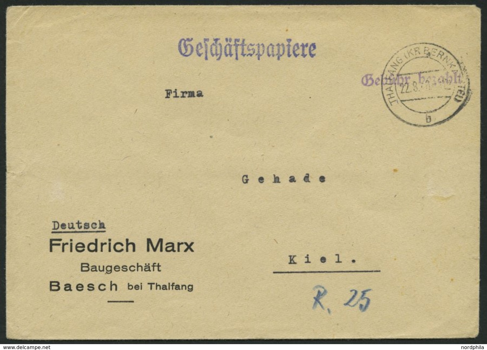 ALL. BES. GEBÜHR BEZAHLT THALFANG (KR BERNKASTEL), 22.8.48, Violetter L1 Gebühr Bezahlt, Brief Feinst - Sonstige & Ohne Zuordnung