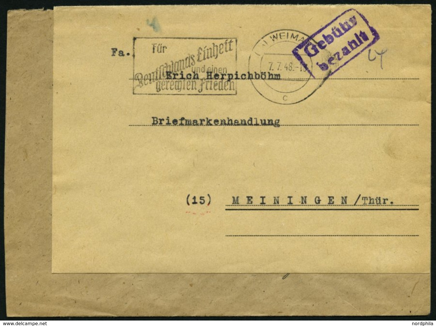 ALL. BES. GEBÜHR BEZAHLT WEIMAR, 7.7.48, Violetter R2 Gebühr Bezahlt, Handschriftlich 24, Auf Brief Mit Werbestempel, Pr - Sonstige & Ohne Zuordnung