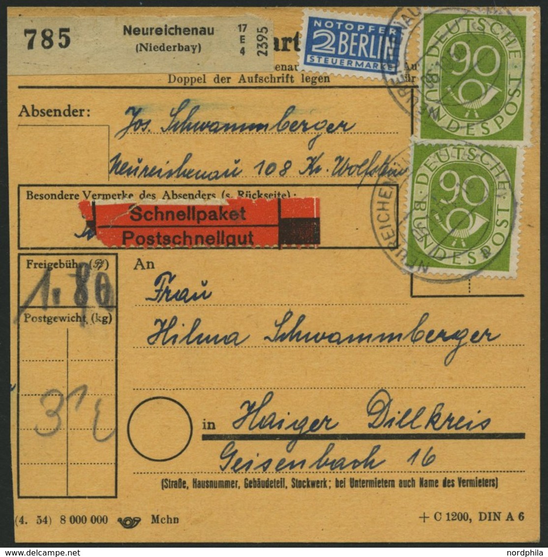 BUNDESREPUBLIK 138 BRIEF, 1954, 90 Pf. Posthorn, 2x Als Mehrfachfrankatur Auf Schnellpaketkarte Aus NEUREICHENAU, Normal - Oblitérés