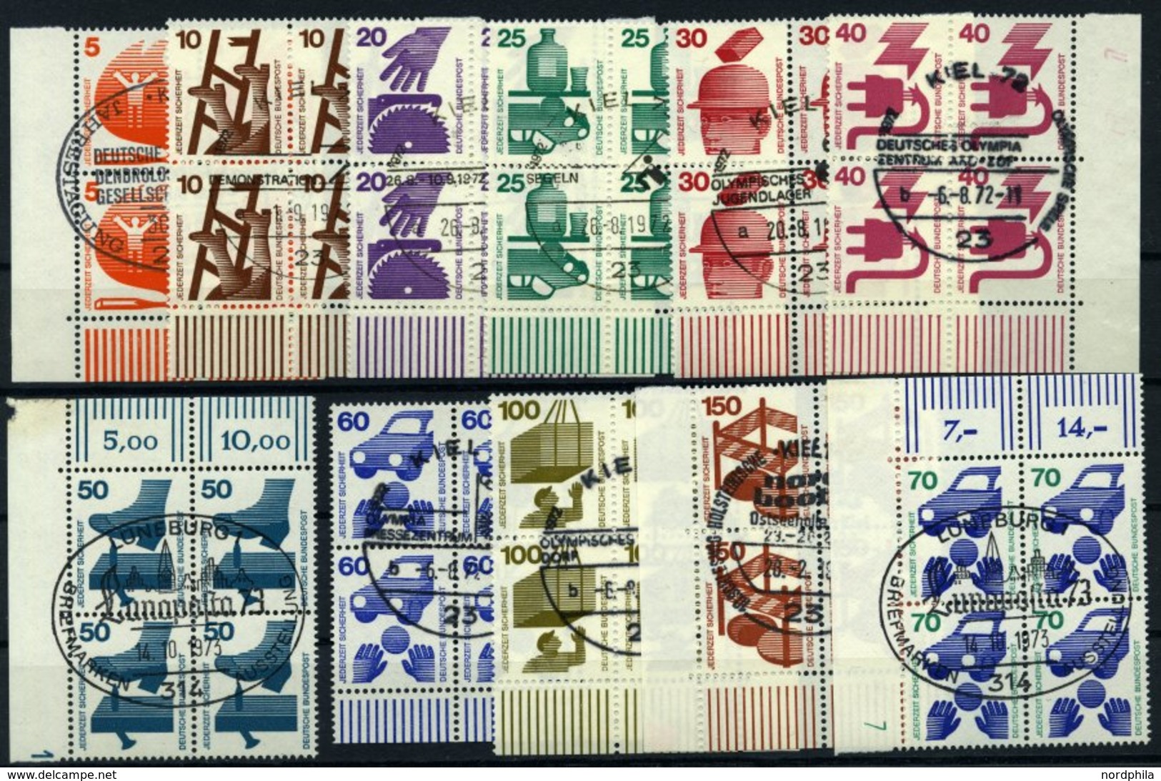 BUNDESREPUBLIK 694-703,773 VB O, 1971/3, Unfallverhütung In Viererblocks Aus Der Bogenecke, Teils Mit Druckereizeichen,  - Oblitérés