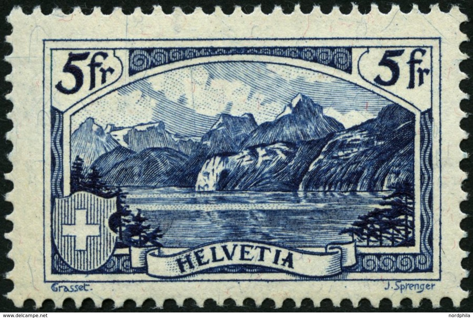 SCHWEIZ BUNDESPOST 227 **, 1928, 5 Fr. Gebirgslandschaften, Pracht, Mi. 400.- - 1843-1852 Timbres Cantonaux Et  Fédéraux