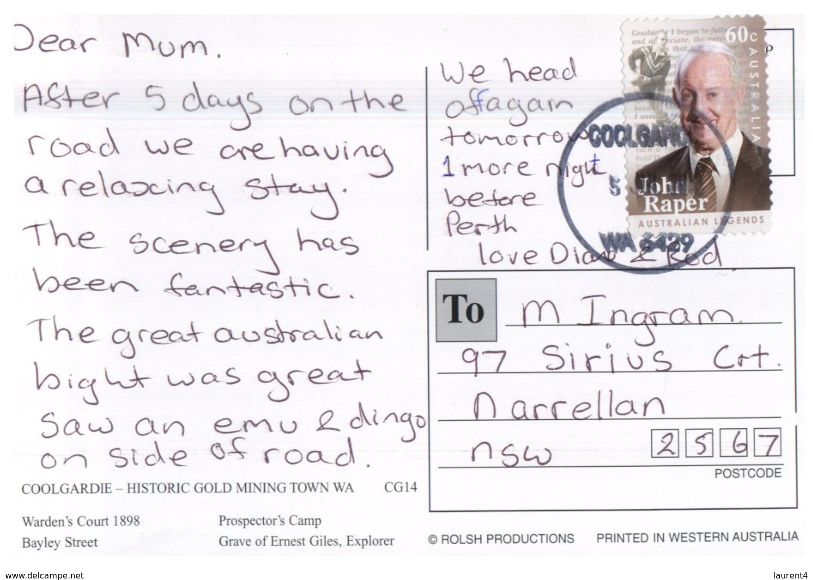 (500) Australia - (with Stamp On Back Of Postcard) - WA- Coolgardie - Kalgoorlie / Coolgardie