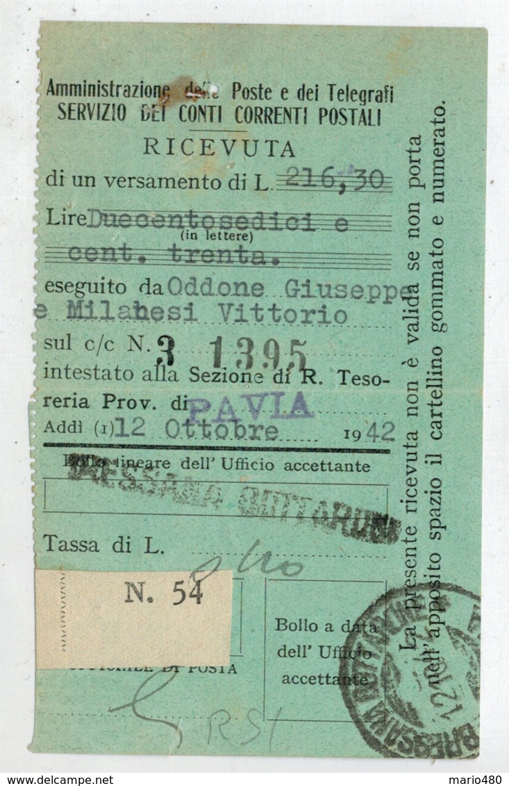 RICEVUTA  INVIO VERSAMENTO  A MEZZO  CONTO CORRENTE  POSTALE   1942      (VIAGGIATA) - Mandatsgebühr