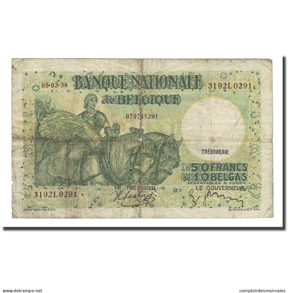 Billet, Belgique, 50 Francs-10 Belgas, 1938-03-05, KM:106, B+ - 50 Francs-10 Belgas