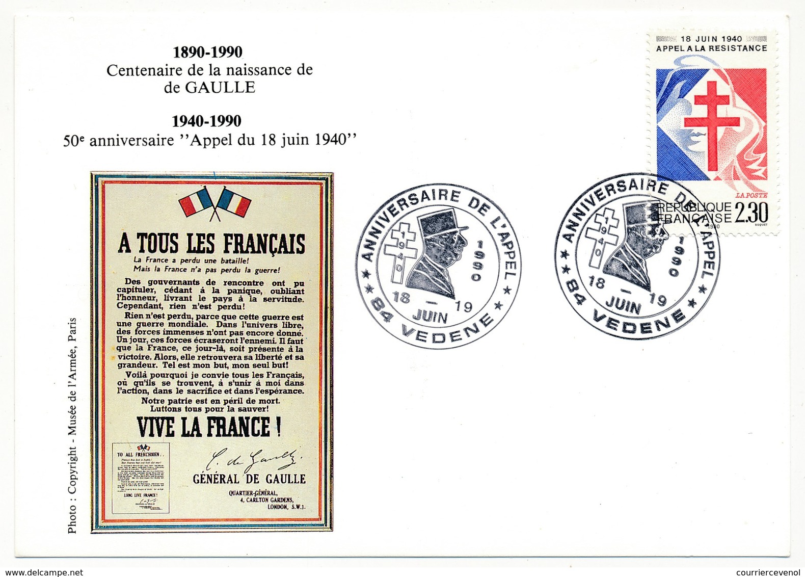 FRANCE => CP => Oblit. "ANNIVERSAIRE DE L'APPEL - 84 VEDENE" S/ N°2656 2,30 Appel Résistance - De Gaulle (Général)
