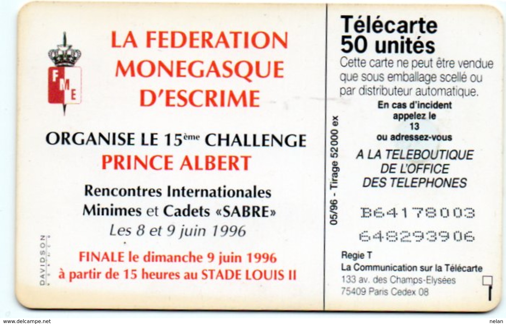 PHONE CARD-MONACO 1996-ESCRIME-TELECARTE 50 - Monaco