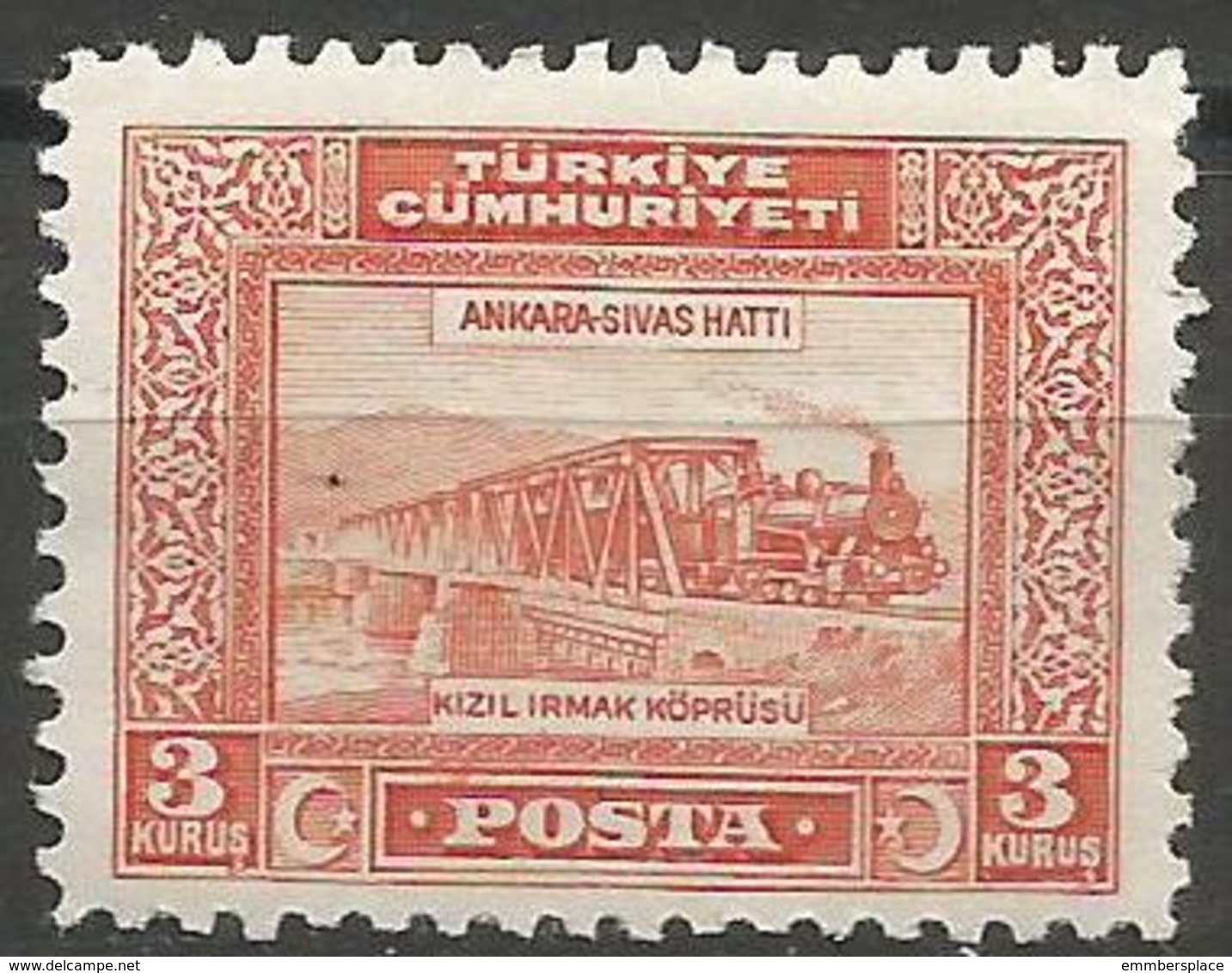 Turkey - 1930  Railroad Bridge 3k MH *     Mi 897  Sc 688 - Nuevos