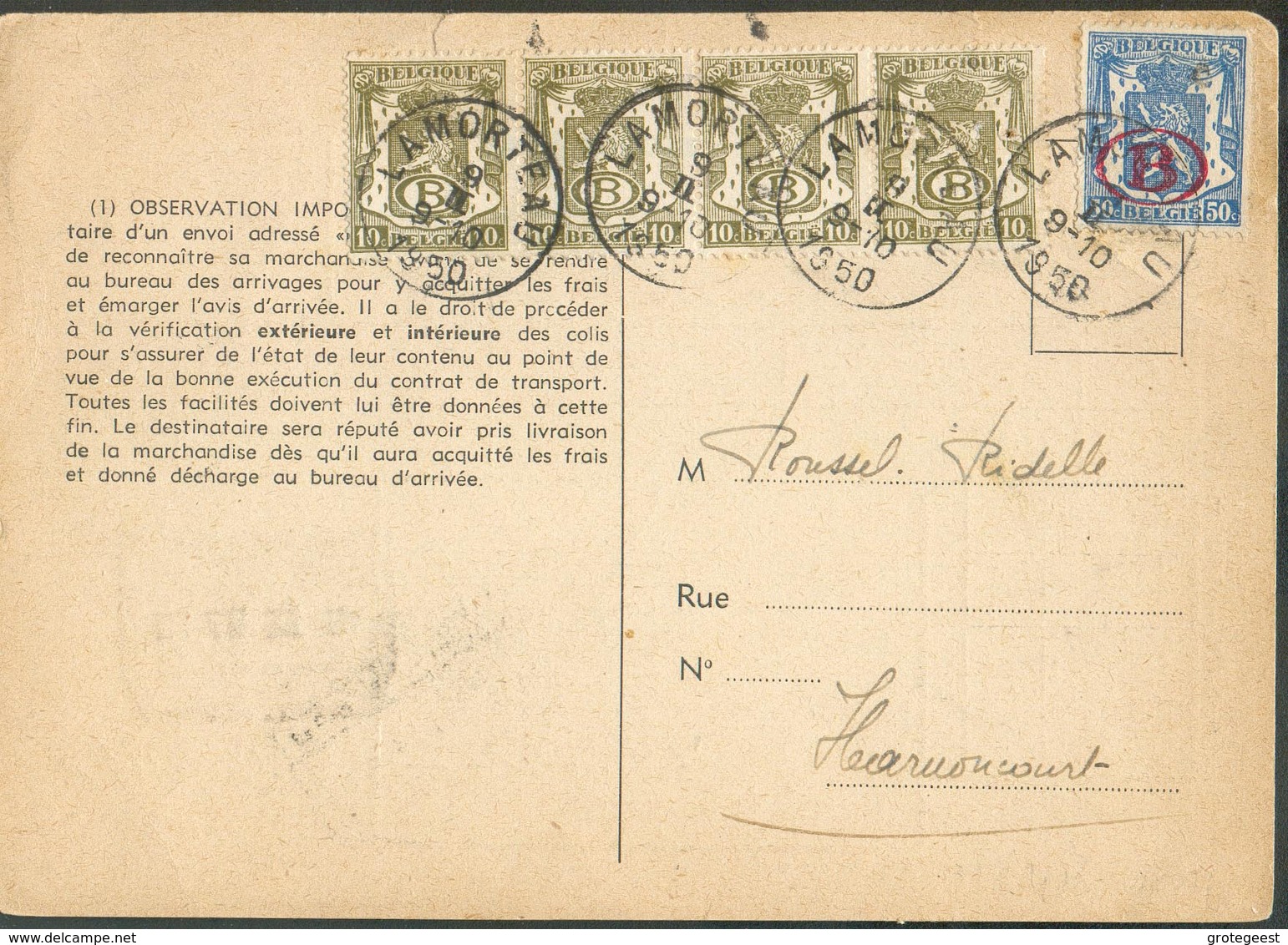 Sceau De L'Etat 10c. (bande De 4) + 50c. 'B' Obl. Sc LAMORTEAU Sur Carte Des Chemins De Fer Du 9-II-1950 + (verso) Griff - Andere & Zonder Classificatie