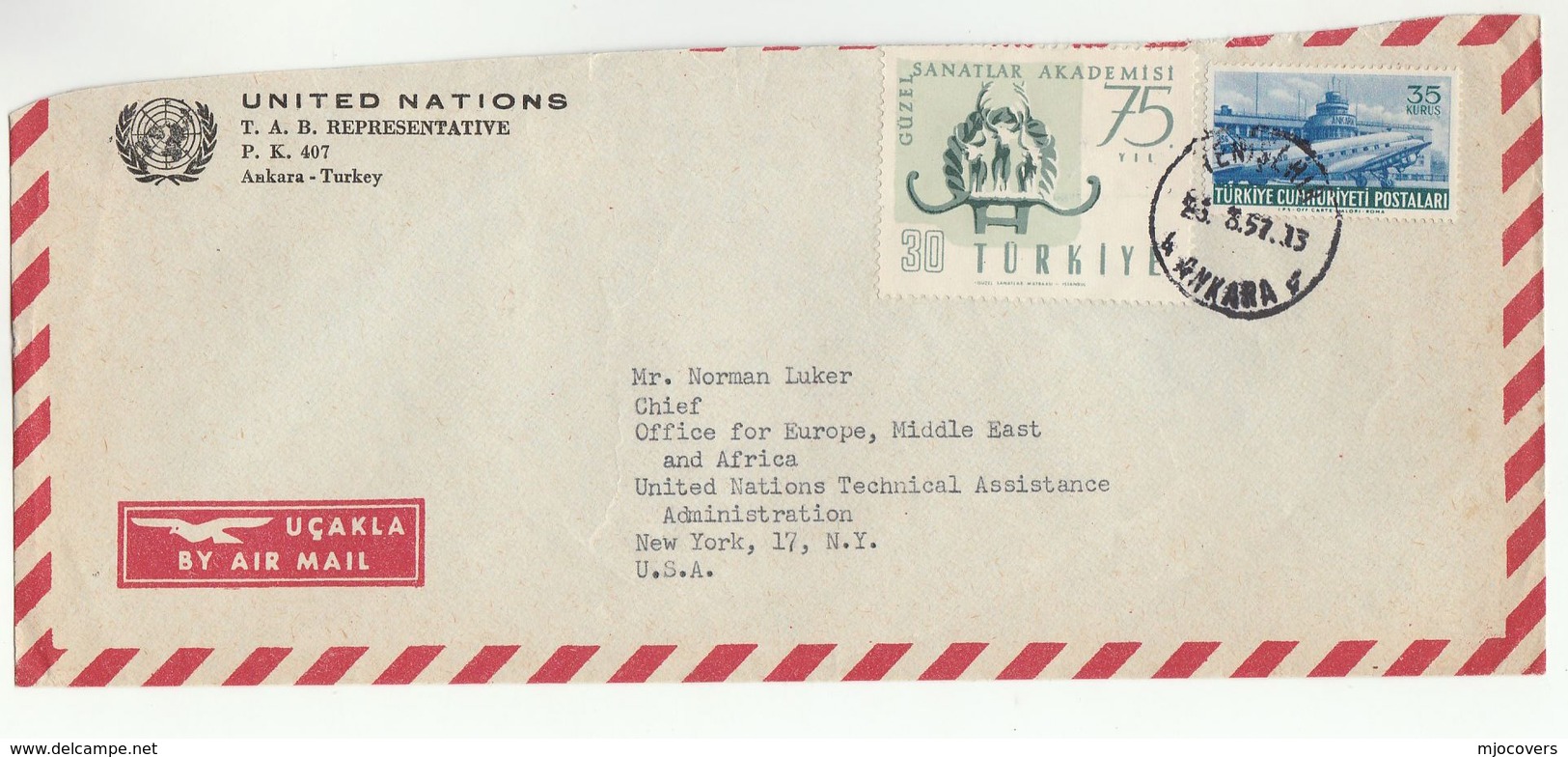 1957 UN TAB In TURKEY Airmail COVER To UN TECHNICAL ASSISTANCE CHIEF NY USA United Nations Stamp Aviation Art Academy - Lettres & Documents