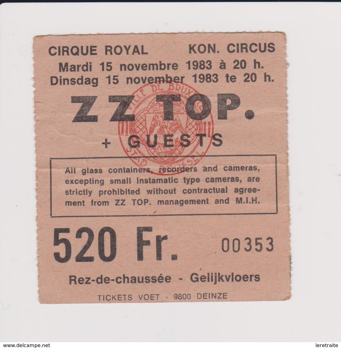 Concert Z Z TOP. + GUESTS 15 Novembre 1983 Cirque Royal. - Tickets De Concerts