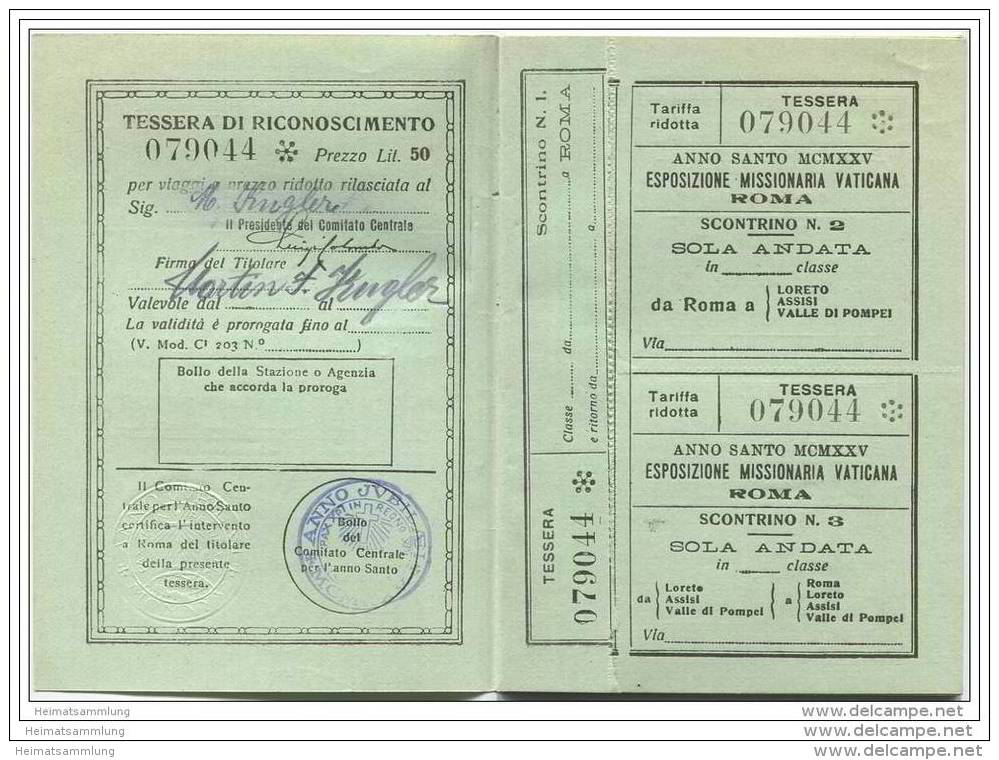 Persönliches Fahrscheinheft 1925 - Reisen Zwischen Rom Valle Di Pompei Assisi Und Loreto - Europa