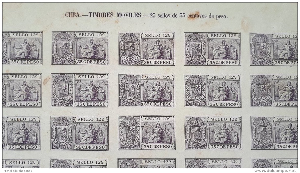 SG557 CUBA SPAIN ESPAÑA. 1898. 35c SELLO 12. REVENUE TAX COMPLETE SHEET OF 25. - Postage Due