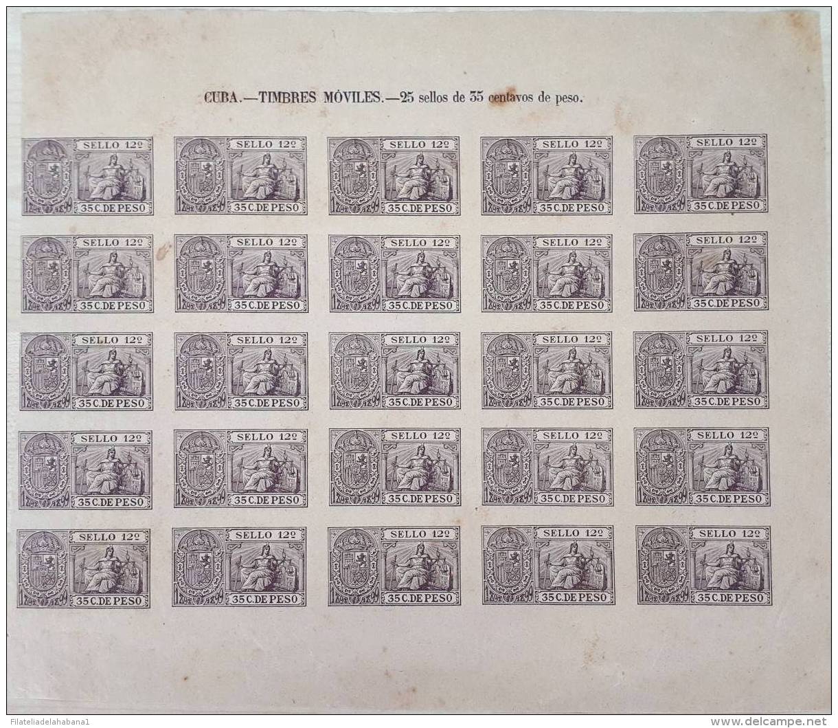 SG557 CUBA SPAIN ESPAÑA. 1898. 35c SELLO 12. REVENUE TAX COMPLETE SHEET OF 25. - Timbres-taxe