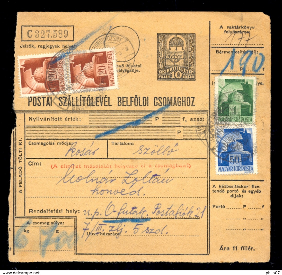 Hungary - Parcel Card Sent From Kundorozsma To Ofutak 1944. / 2 Scans - Other & Unclassified