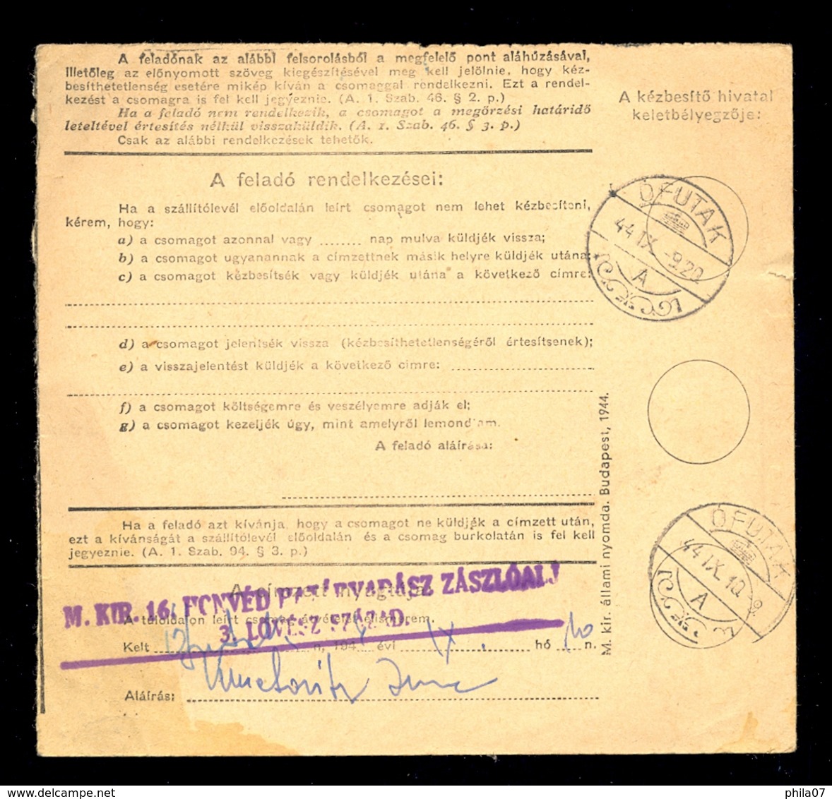 Hungary - Parcel Card Sent From Madaras To Ofutak 1944. / 2 Scans - Sonstige & Ohne Zuordnung