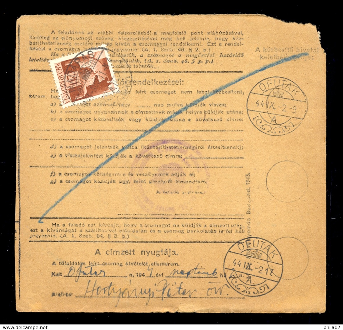 Hungary - Parcel Card Sent From Madaras To Ofutak 1944. / 2 Scans - Other & Unclassified