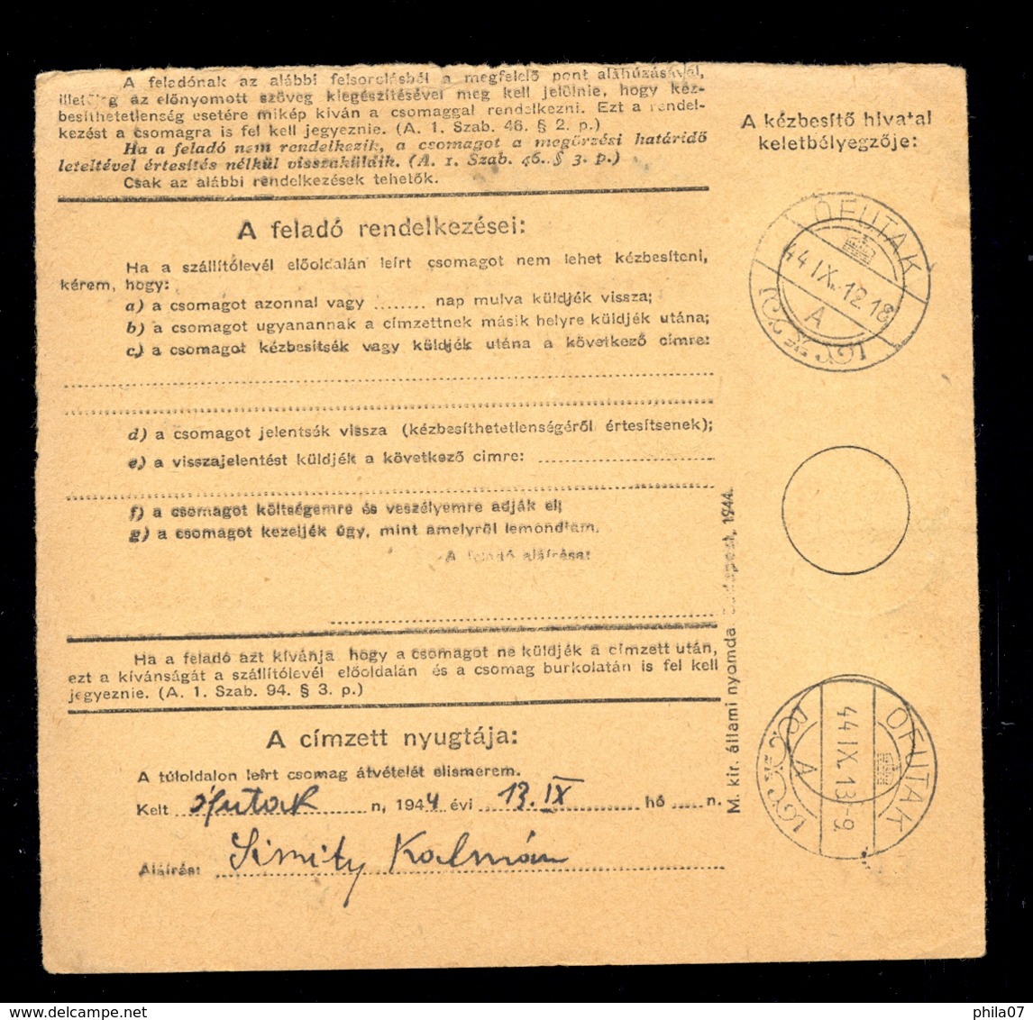 Hungary - Parcel Card Sent From Szabadka To Ofutak 1944. / 2 Scans - Autres & Non Classés