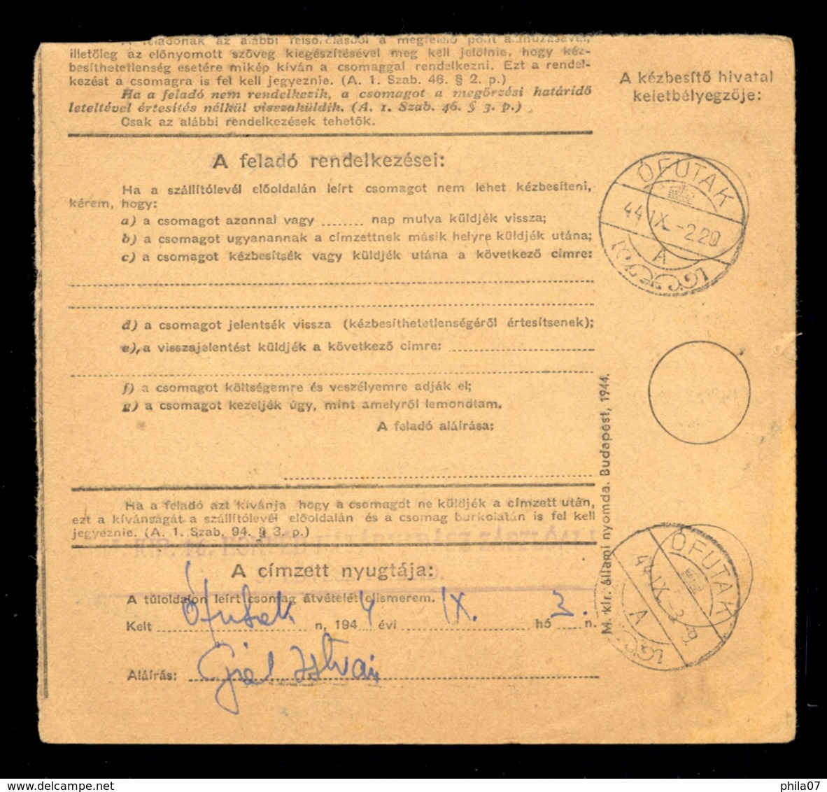 Hungary - Parcel Card Sent From Batmonostor To Ofutak 1944. / 2 Scans - Other & Unclassified