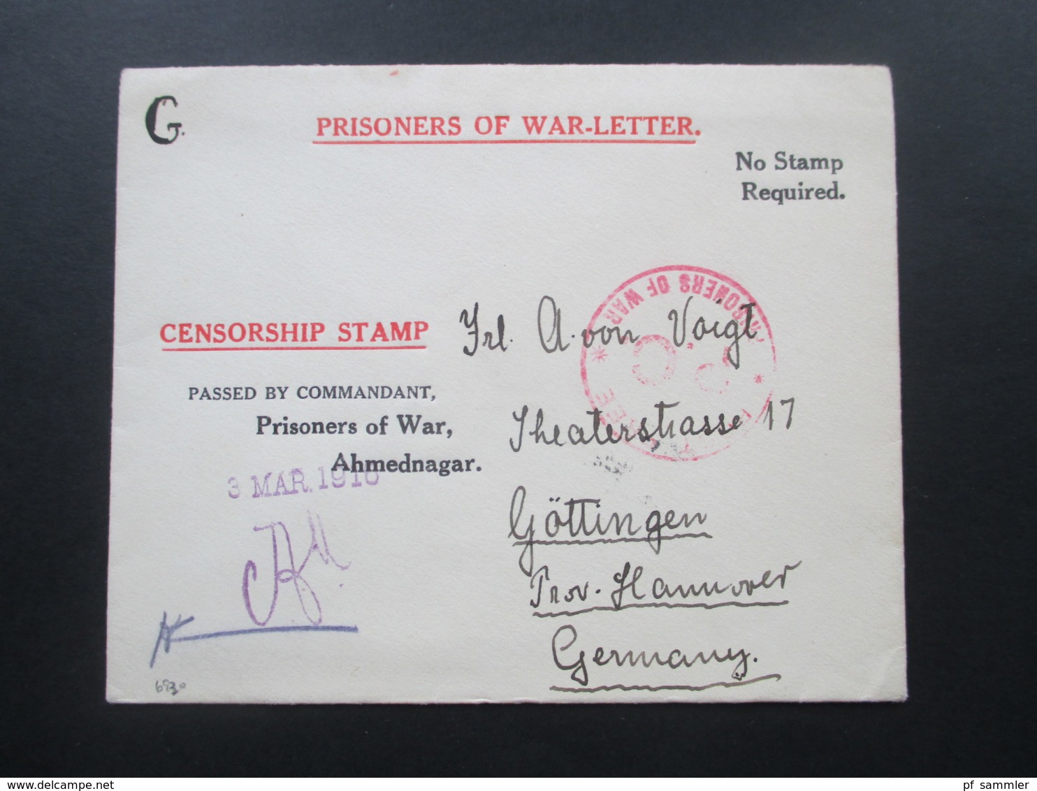 DR 1916 POW Prisoners Of War Letter Censorship Stamp Passed By Commandant Ahmednagar. Indien!! Sehr Selten Angeboten RRR - 1911-35 Koning George V