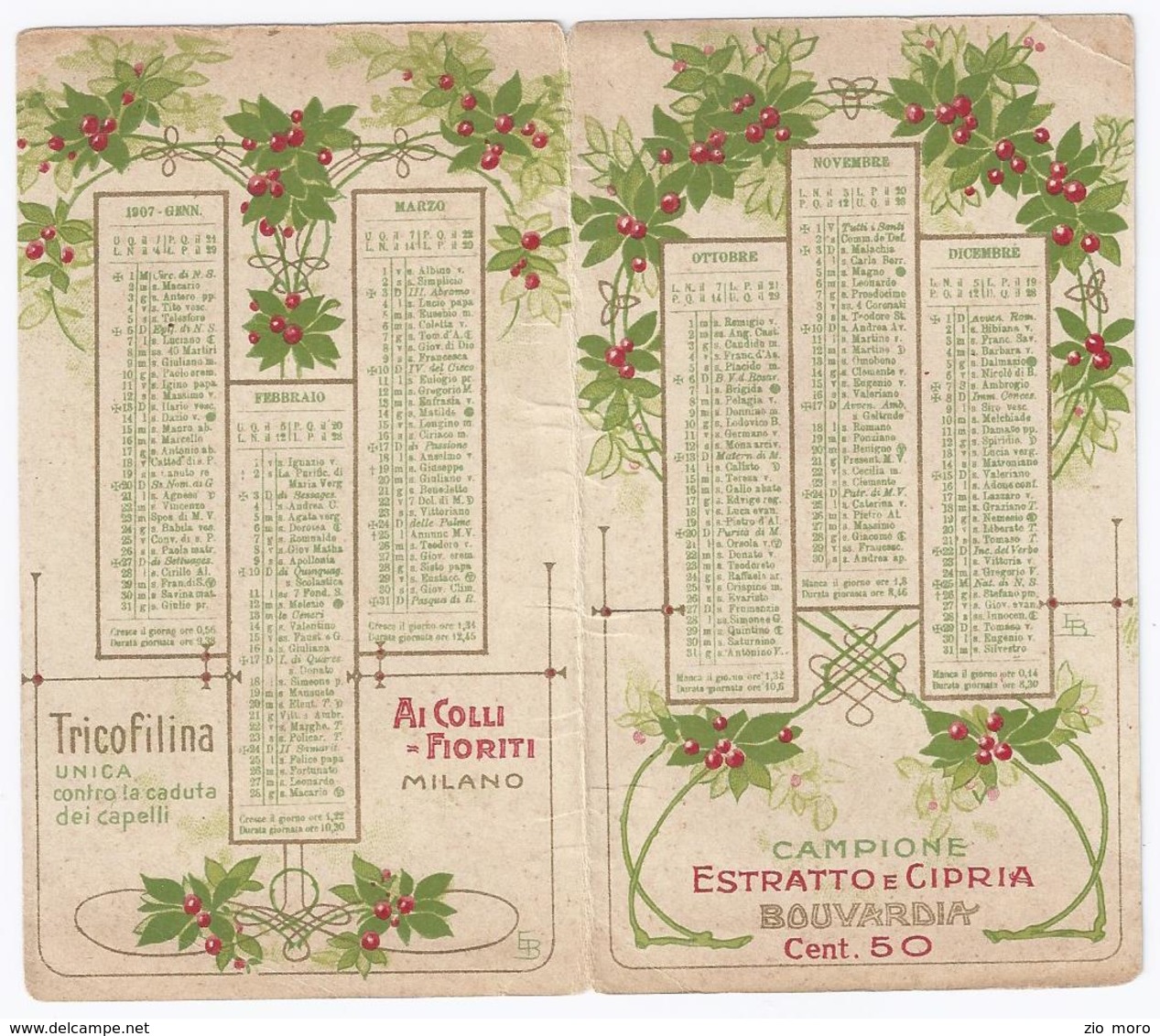 Splendido Calendario Da Tasca Liberty 1907 Ai Colli Fioriti - Milano - Estratto E Cipria BOUVARDIA - Formato Piccolo : 1901-20