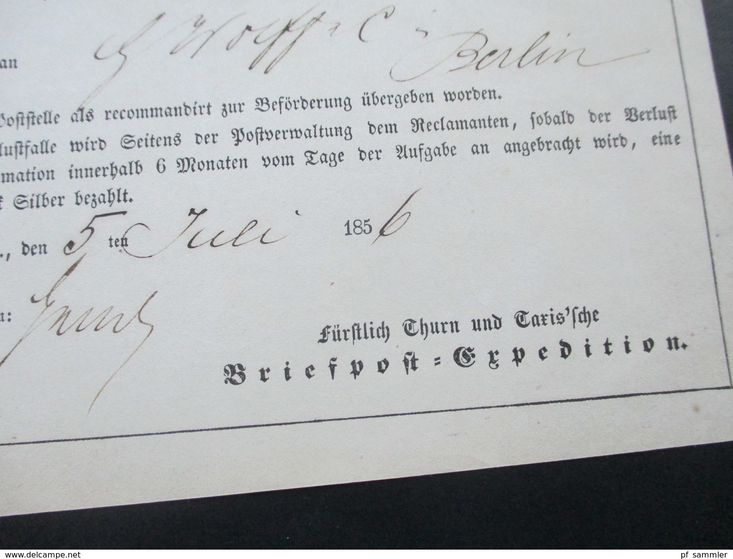 Altdeutschland Thurn und Taxis 1856 Postschein Fürstlich Thurn und Taxis'sche Briefpost Expedition. Reco Gebühr!!