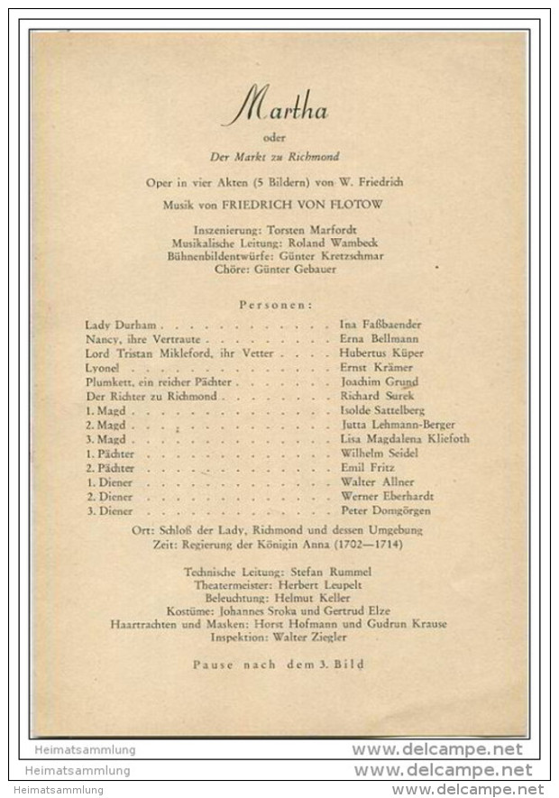 Landestheater Dessau - Spielzeit 1962 Nummer 8 - Martha Von Friedrich Von Flotow - Ina Fassbaender - Erna Bellmann - Theatre & Dance