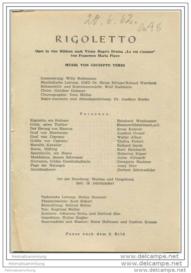 Landestheater Dessau - Spielzeit 1962 Nummer 42 - Rigoletto Von Giuseppe Verdi - Reinhard Westhausen - Teatro E Danza