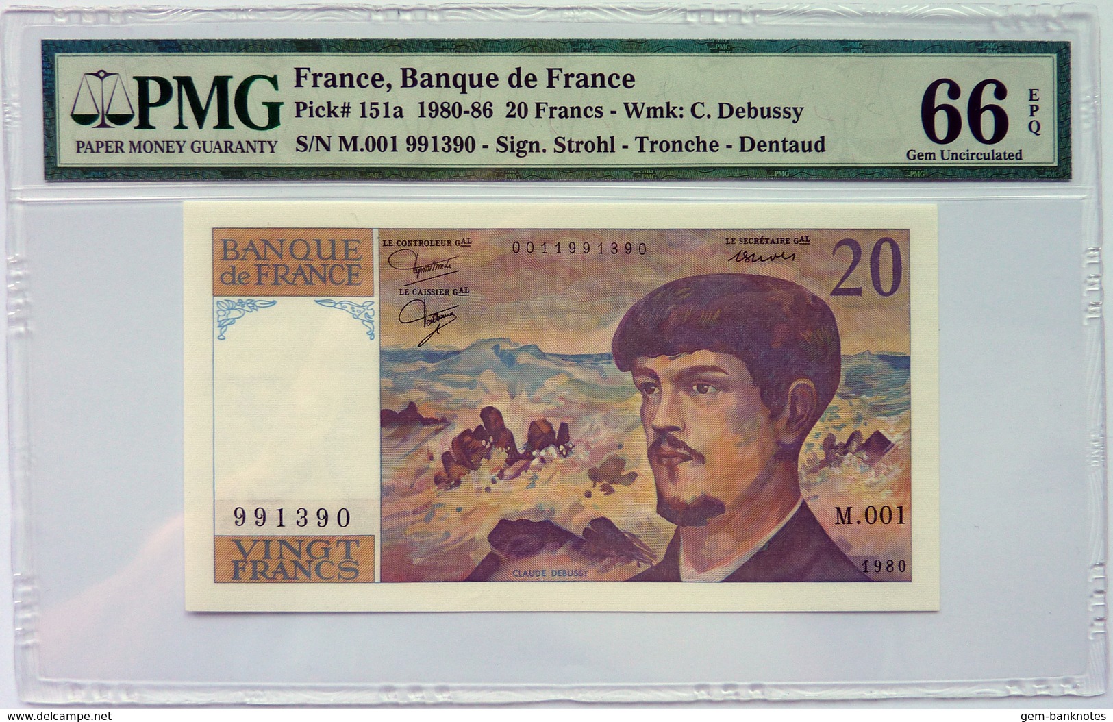 France 20 Francs 1980 P151a Graded 66EPQ (GEM Uncirculated) By PMG - 20 F 1980-1997 ''Debussy''