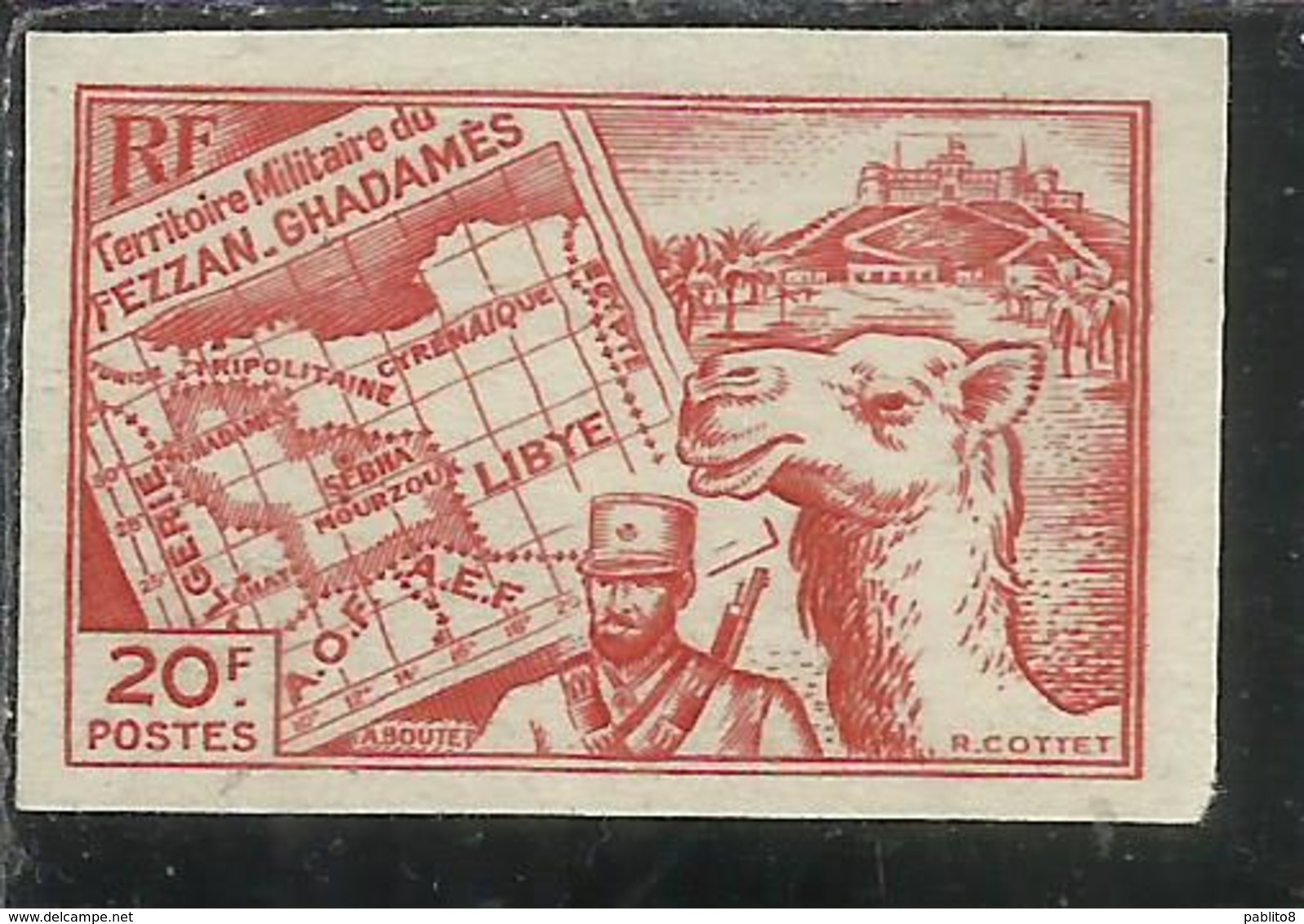 FEZZAN E GHADAMES 1946 TERRITORIO MILITARE CARTA MAP MEHARISTA MEHARIST IMPERF. NON DENTELLATO 20f MNH - Nuevos