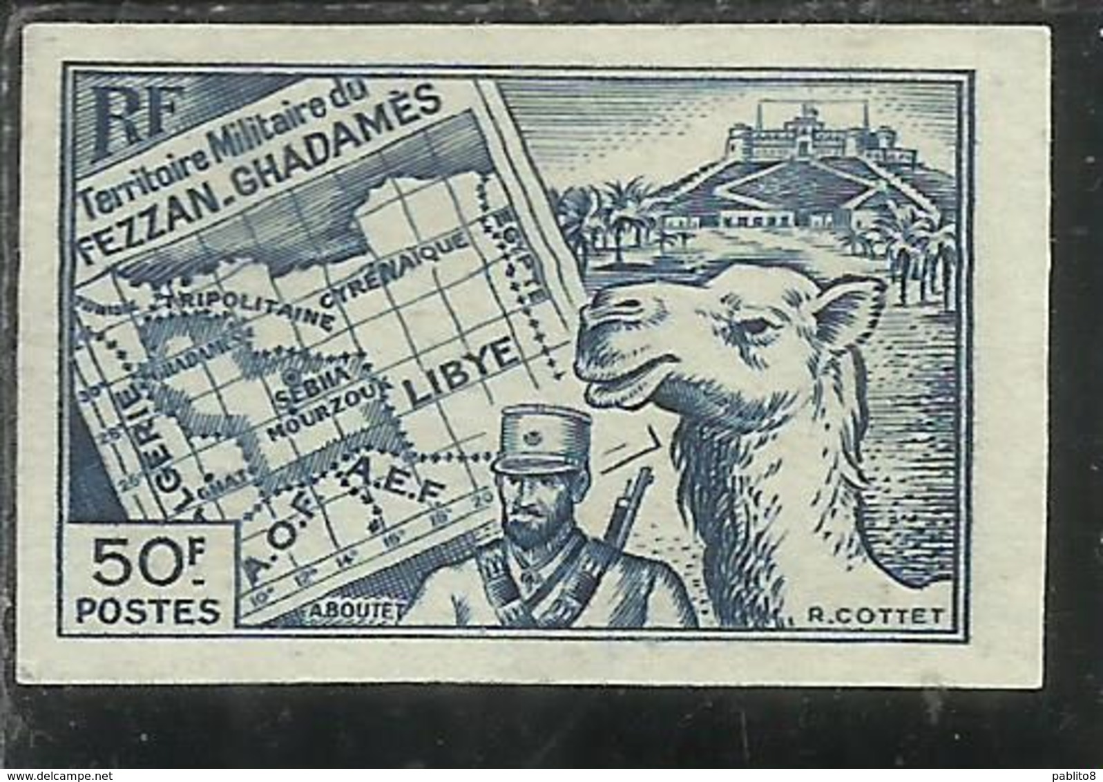 FEZZAN E GHADAMES 1946 TERRITORIO MILITARE CARTA MAP MEHARISTA MEHARIST IMPERF. NON DENTELLATO 50f MNH - Unused Stamps