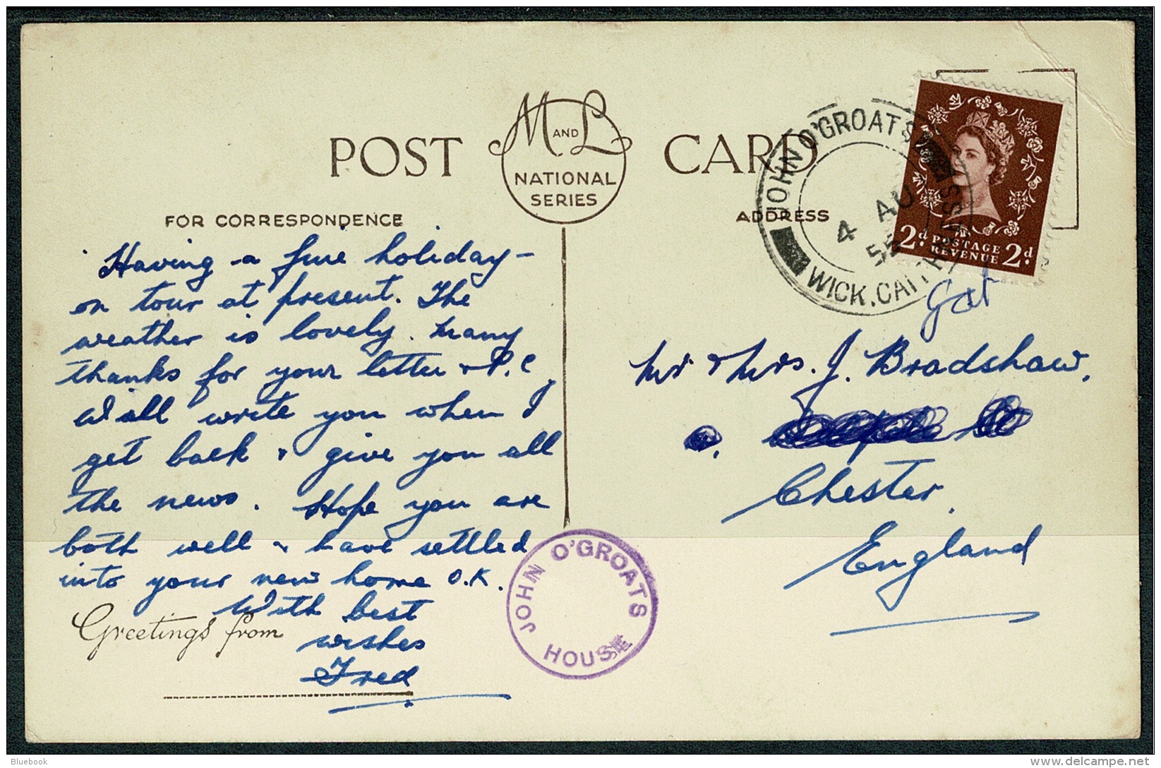 RB 1213 -  1955 Postcard John O'Groats Hotel &amp; House - Super Cachet &amp; Postmark - Caithness - Caithness