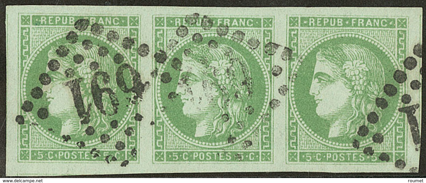 No 42IIa, Vert Jaune, Bande De Trois, Deux Voisins, Obl Gc 691, Très Frais. - TB - 1870 Bordeaux Printing