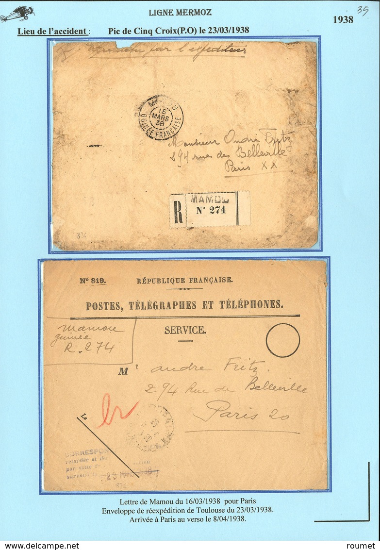 LETTRE Ligne MERMOZ. Accidenté Maroc-France Au Pic De Cinq Croix 23.3.38. Enveloppe Recommandée De Mamou (Guinée) + Son  - Other & Unclassified