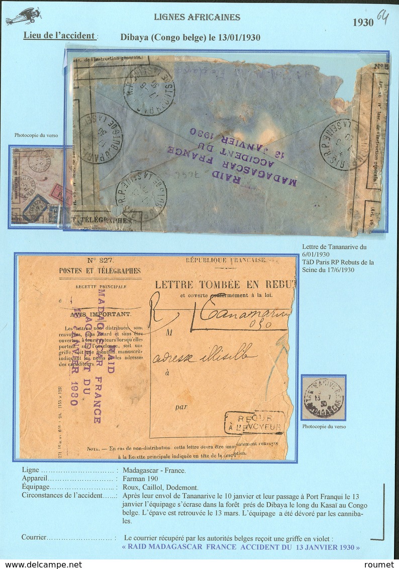 LETTRE Lignes Africaines (DAGNAUX). Accidenté Madagascar-France à Dibaya (Congo Belge) 13.1.30. Enveloppe Avec Griffe Vi - Other & Unclassified