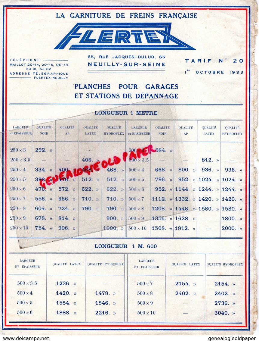 92- NEUILLY SUR SEINE- TARIF 1933  FLERTEX -GARNITURE DE FREINS-65 RUE JACQUES DULUD- POUR GARAGE - Automovilismo